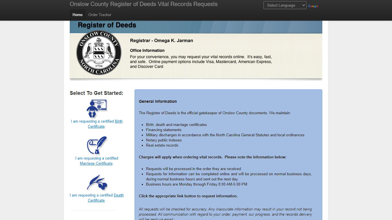 Onslow County Register of Deeds Online Vital Records Requests