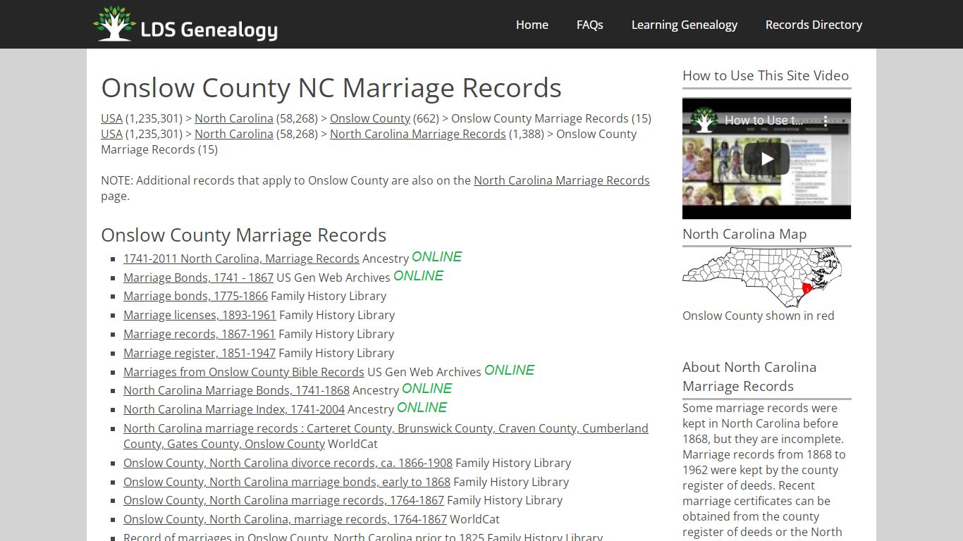 Onslow County NC Marriage Records - LDS Genealogy